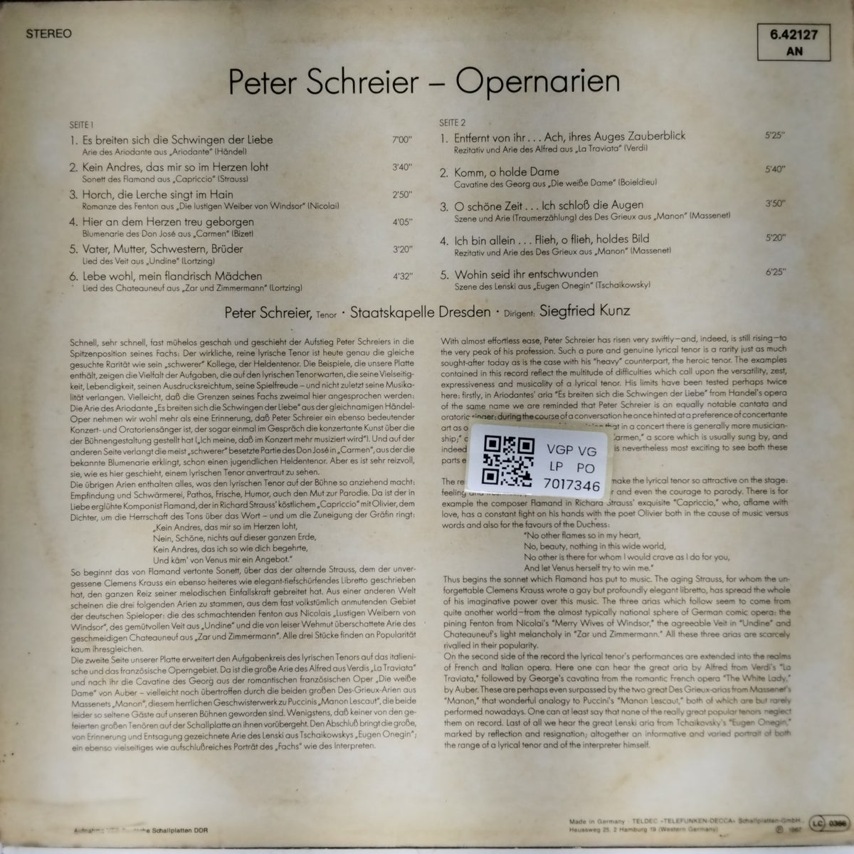 Peter Schreier, Staatskapelle Dresden, Siegfried Kurz - Opern Arien (Vinyl)