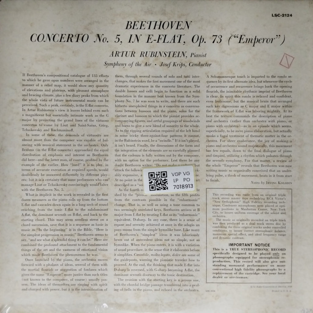 Artur Rubinstein, Josef Krips, Symphony of the Air - Beethoven Concerto No.5 (Vinyl)