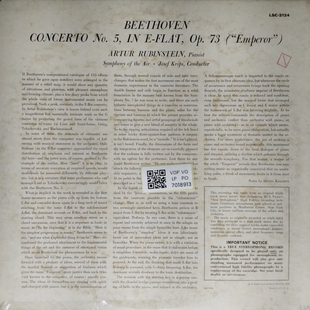 Artur Rubinstein, Josef Krips, Symphony of the Air - Beethoven Concerto No.5 (Vinyl)