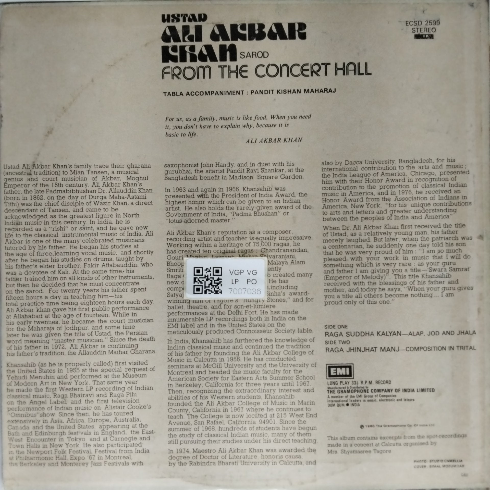 Ali Akbar Khan - From the Concert Hall (Vinyl)