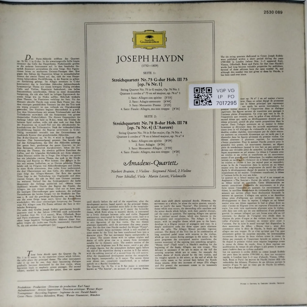 Amadeus-Quartett - Streichquartette G-Dur Op. 76,1 - B-Dur Op. 76,4 (Vinyl)