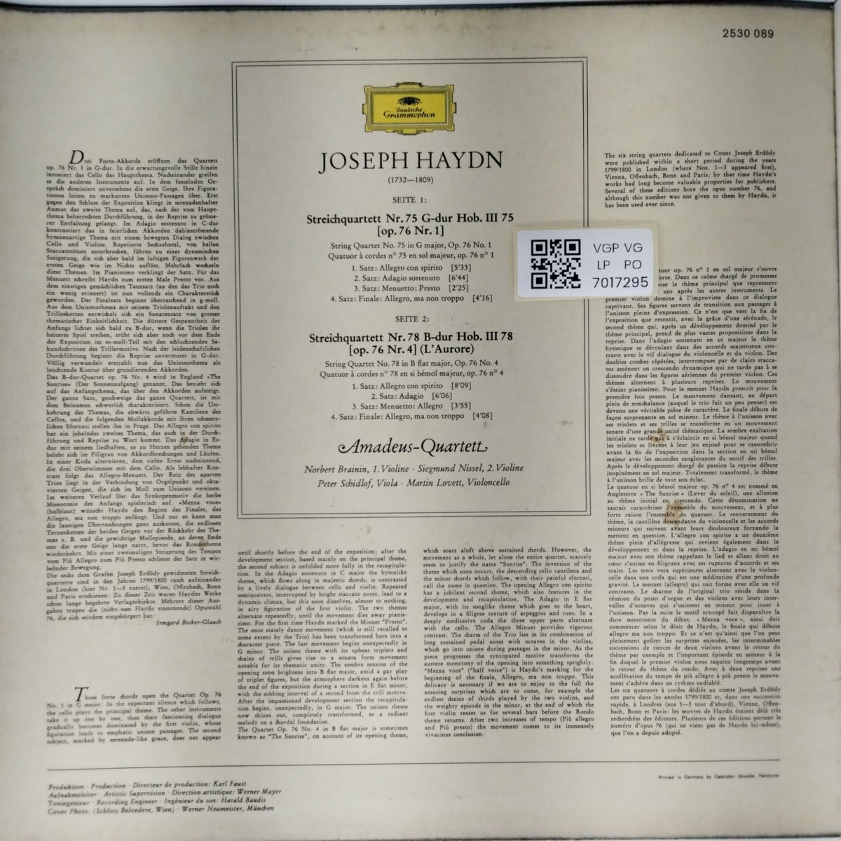Amadeus-Quartett - Streichquartette G-Dur Op. 76,1 - B-Dur Op. 76,4 (Vinyl)
