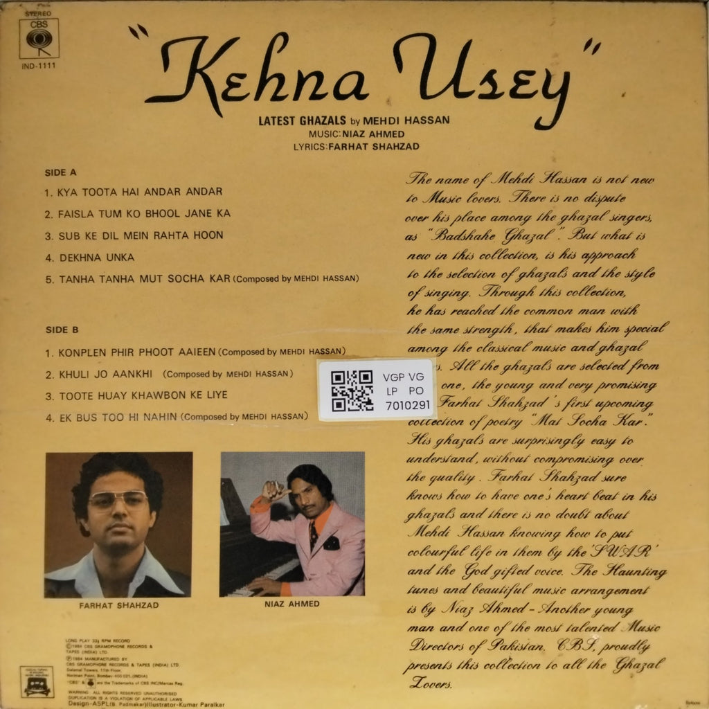 Mehdi Hassan, Niaz Ahmed - Kehna Usey (Vinyl)