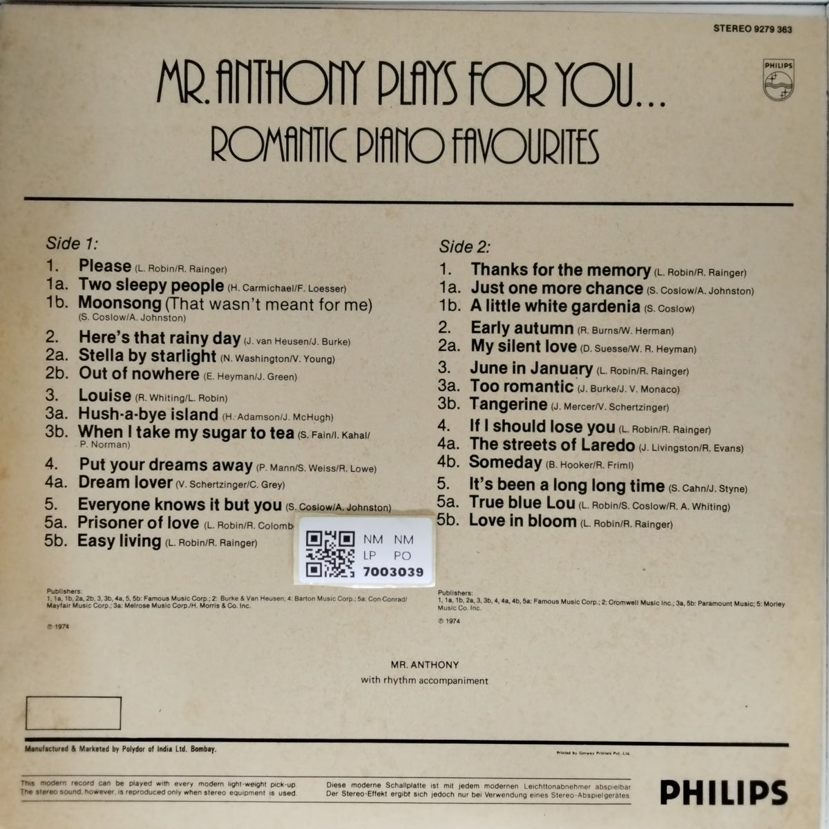 Mr. Anthony - Mr. Anthony Plays For You... Romantic Piano Favourites (Vinyl)