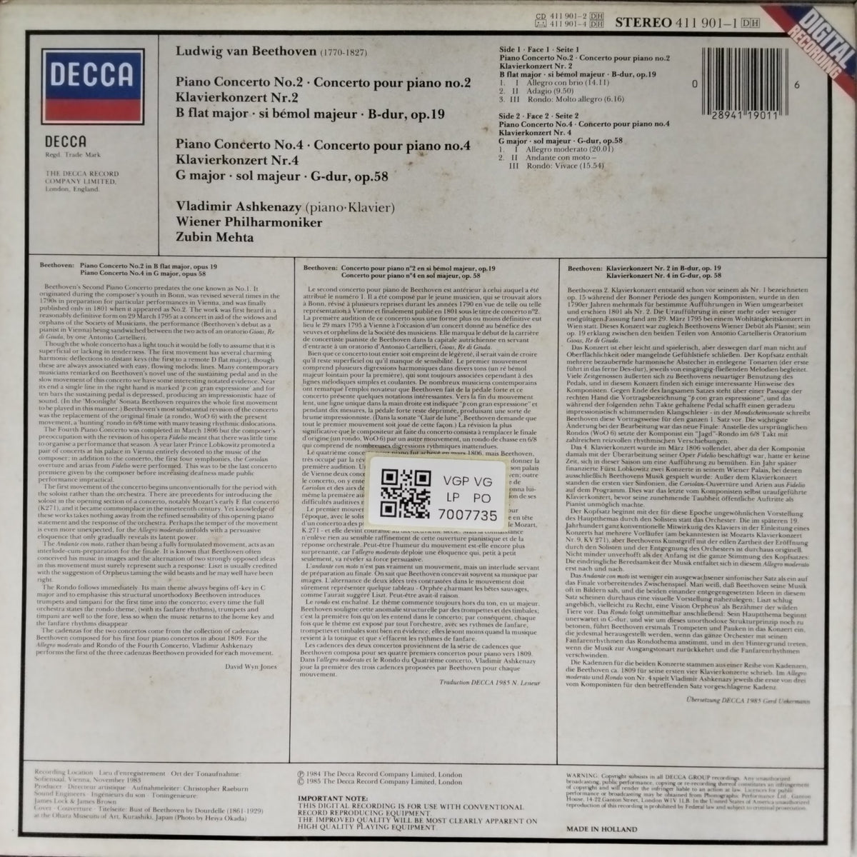 Vladimir Ashkenazy, Wiener Philharmoniker, Zubin Mehta - Beethoven: Piano Concertos Nos. 2 & 4 (Vinyl)