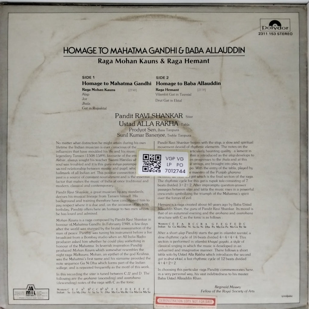 Ravi Shankar, Alla Rakha - Homage to Mahatma Gandhi (Vinyl)