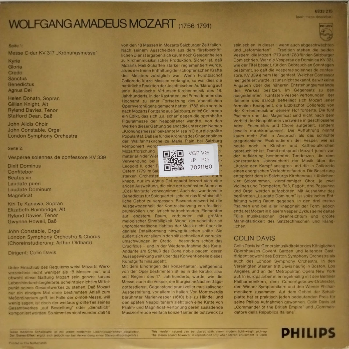 Colin Davis, London Symphony Orchestra - Mozart Krönungsmesse / Vesperae solennes de confessore KV 317 & KV 339 (Vinyl)