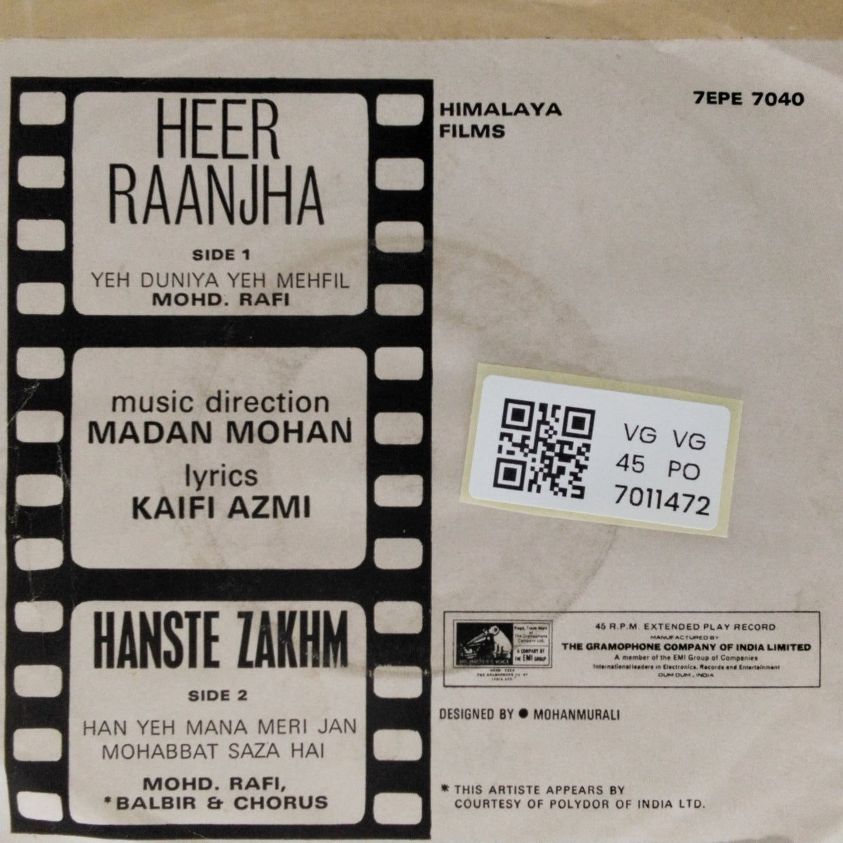 Madan Mohan - Hanste  Zakhm, Heer Raanjha (45-RPM)