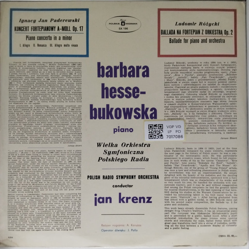 Barbara Hesse-Bukowska, Polish Radio Symphony Orchestra - Paderewski: Piano Concerto in A Minor / Różycki: Ballade for Piano and Orchestra (Vinyl)
