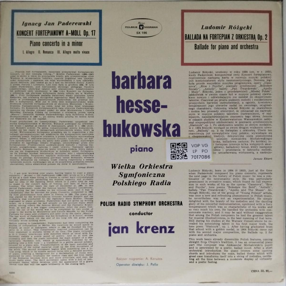Barbara Hesse-Bukowska, Polish Radio Symphony Orchestra - Paderewski: Piano Concerto in A Minor / Różycki: Ballade for Piano and Orchestra (Vinyl)