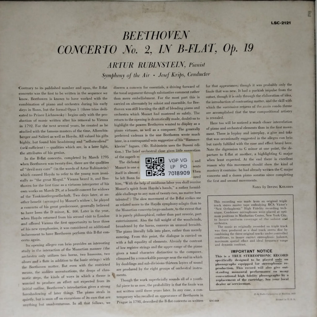 Artur Rubinstein, Josef Krips, Symphony of the Air - Beethoven Concerto No. 2 (Vinyl)