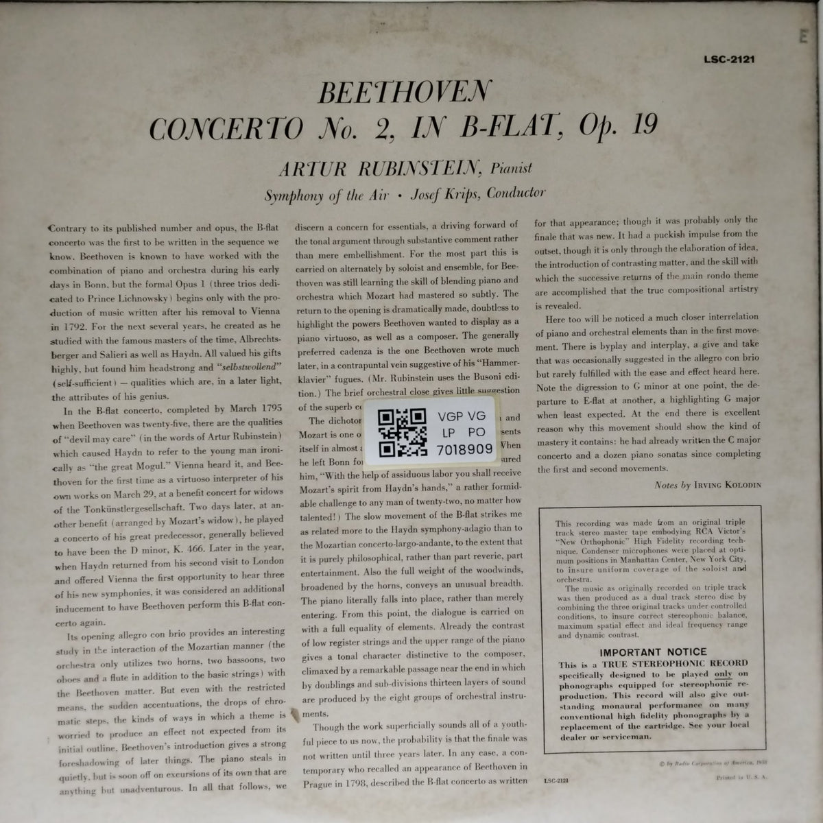 Artur Rubinstein, Josef Krips, Symphony of the Air - Beethoven Concerto No. 2 (Vinyl)