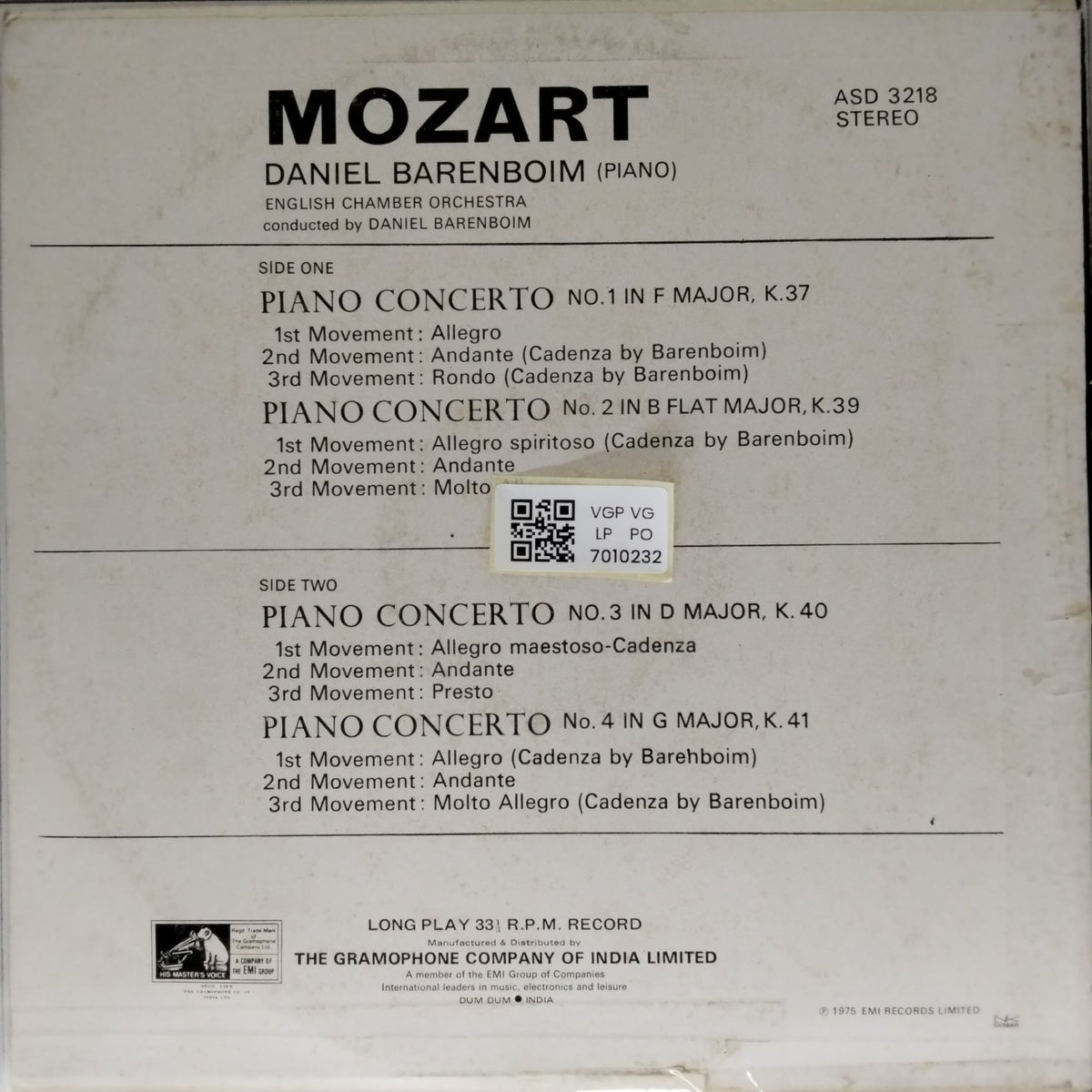 Daniel Barenboim, English Chamber Orchestra - Piano Concertos No. 1 in F K37, No. 2 in B flat K39, No. 3 in D K40, No. 4 in G K41 (Vinyl)