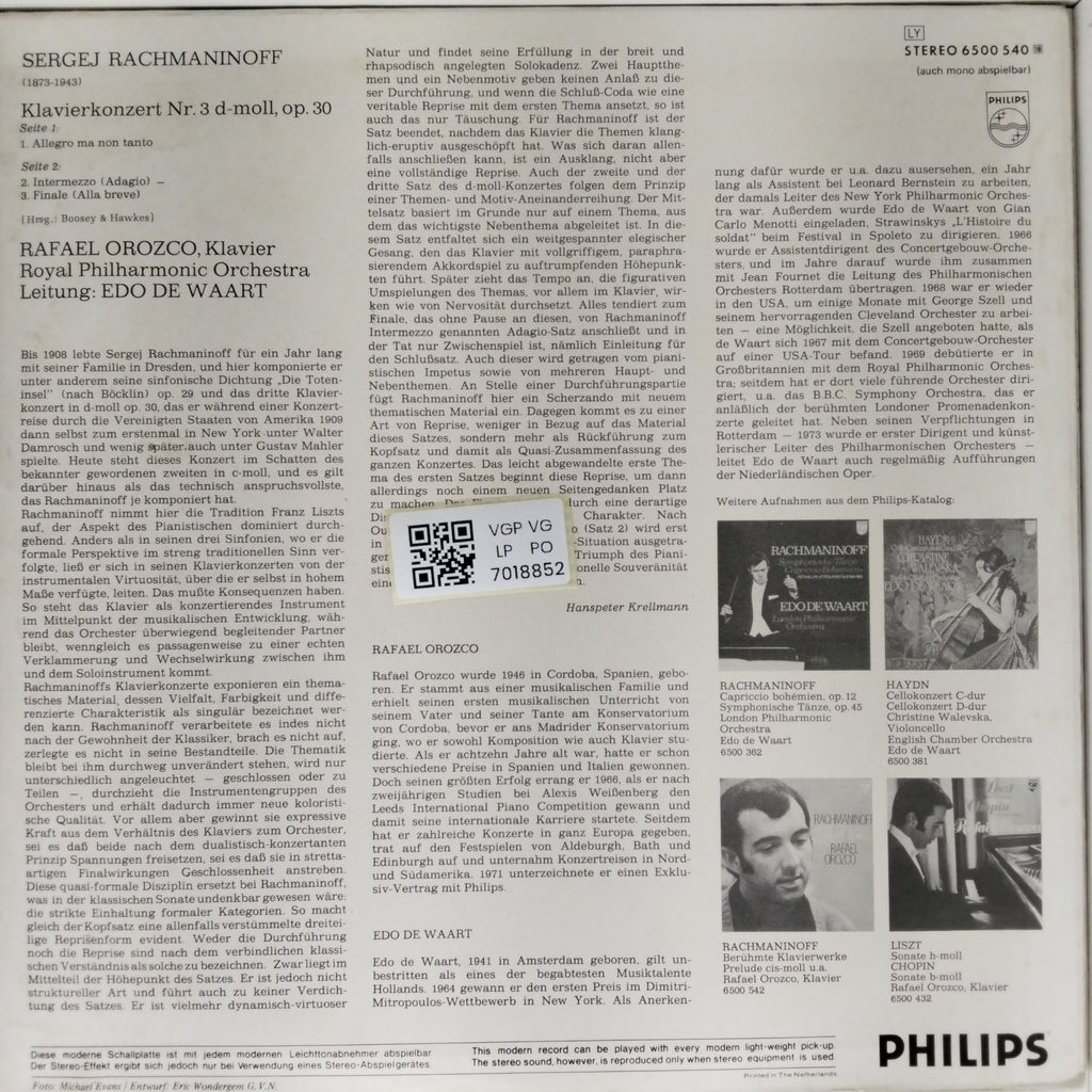 Rafael Orozco, Royal Philharmonic Orchestra, Edo de Waart - Rachmaninoff Klavierkonzert Nr. 3 (Vinyl)