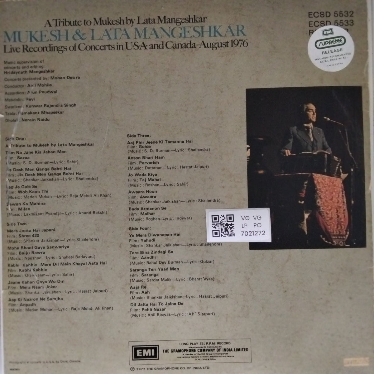 Mukesh, Lata Mangeshkar - A Tribute to Mukesh by Lata Mangeshkar: Live Recordings of Concerts in USA and Canada - August 1976 (Vinyl) (2)