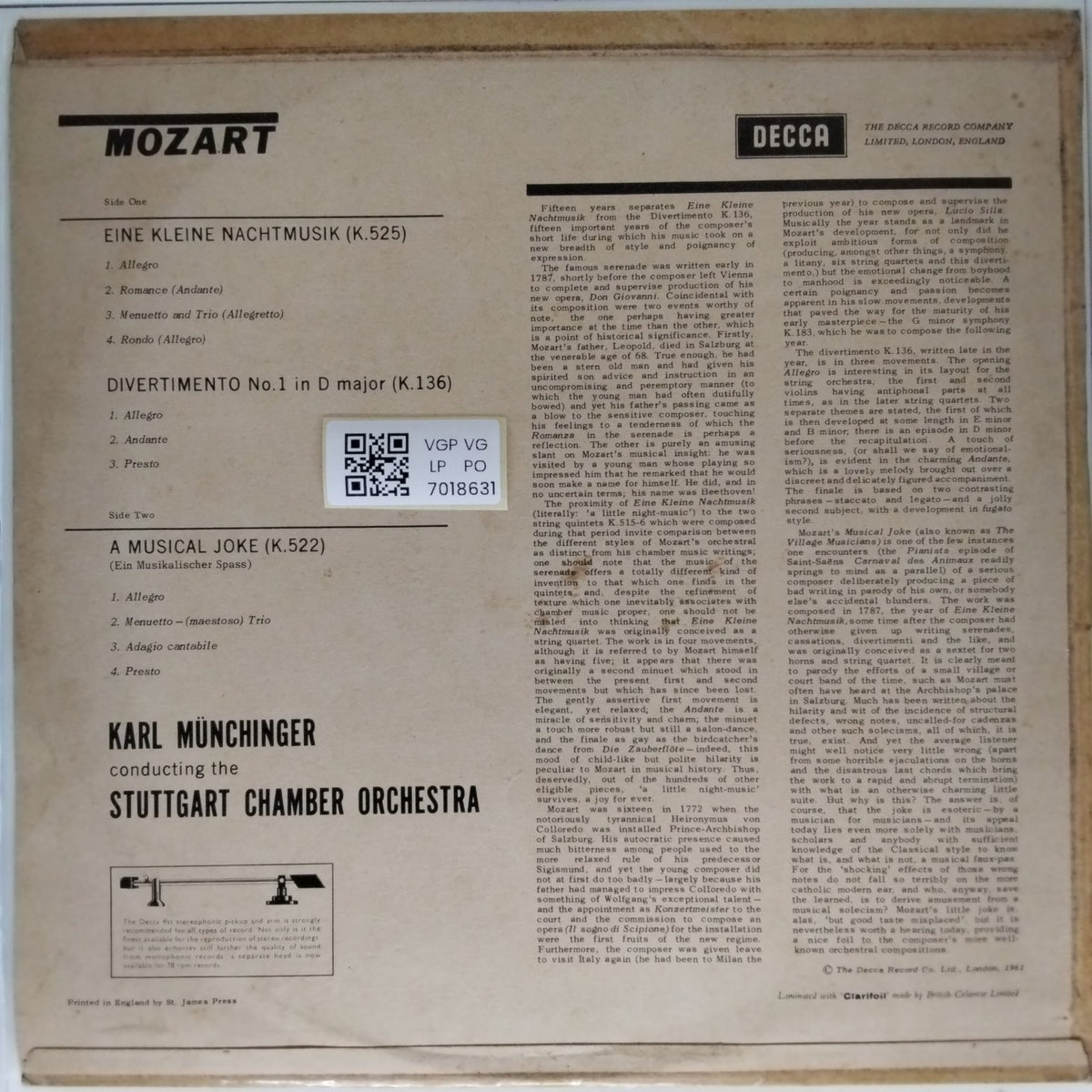 Karl Münchinger, Stuttgart Chamber Orchestra - Eine Kleine Nachtmusik - Divertimento No.1 in D - A Musical Joke (Vinyl)