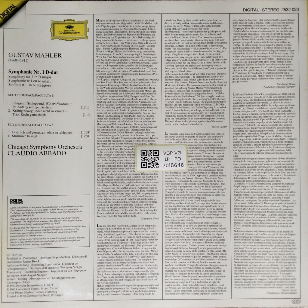 Chicago Symphony Orchestra, Claudio Abbado - Mahler: Symphonie No. 1 (Vinyl)