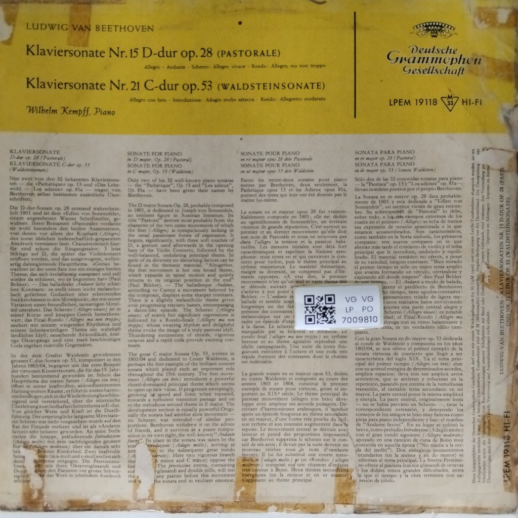 Wilhelm Kempff, Ludwig van Beethoven - Klaviersonate Nr. 15 D-dur op. 28 (Pastorale) / Klaviersonate Nr. 21 C-dur op. 53 (Waldsteinsonate) (Vinyl)