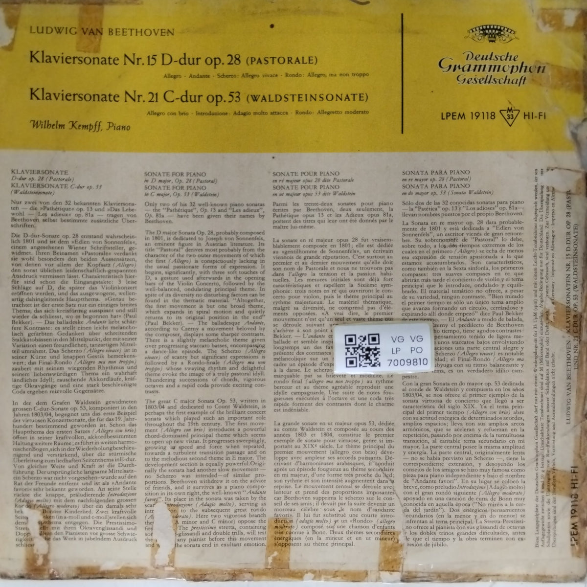 Wilhelm Kempff, Ludwig van Beethoven - Klaviersonate Nr. 15 D-dur op. 28 (Pastorale) / Klaviersonate Nr. 21 C-dur op. 53 (Waldsteinsonate) (Vinyl)