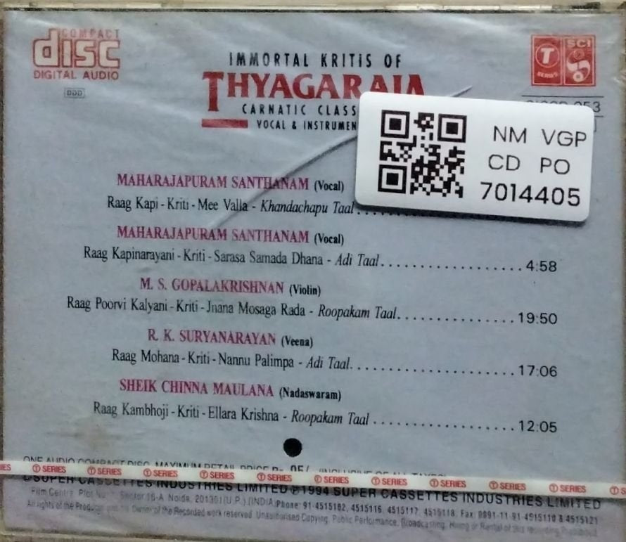 Maharajapuram Santhanam, M. S. Gopalakrishnan, R. K. Suryanaryan, Sheik Chinna Maulana - Immortal Kritis of Thyagaraja - Carnatic Classical Vocal & Instrumental (CD)
