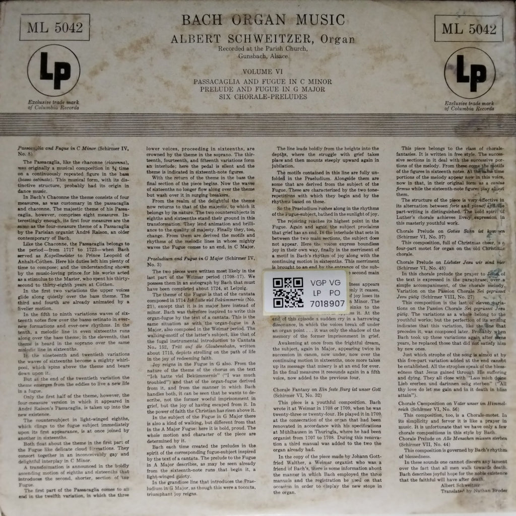 Albert Schweitzer - Bach Organ Music - Volume VI (Vinyl)