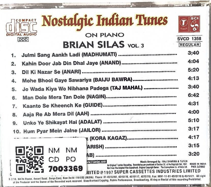 Brian Silas - Nostalgic Indian Tunes On Piano, Volume 3 (CD)