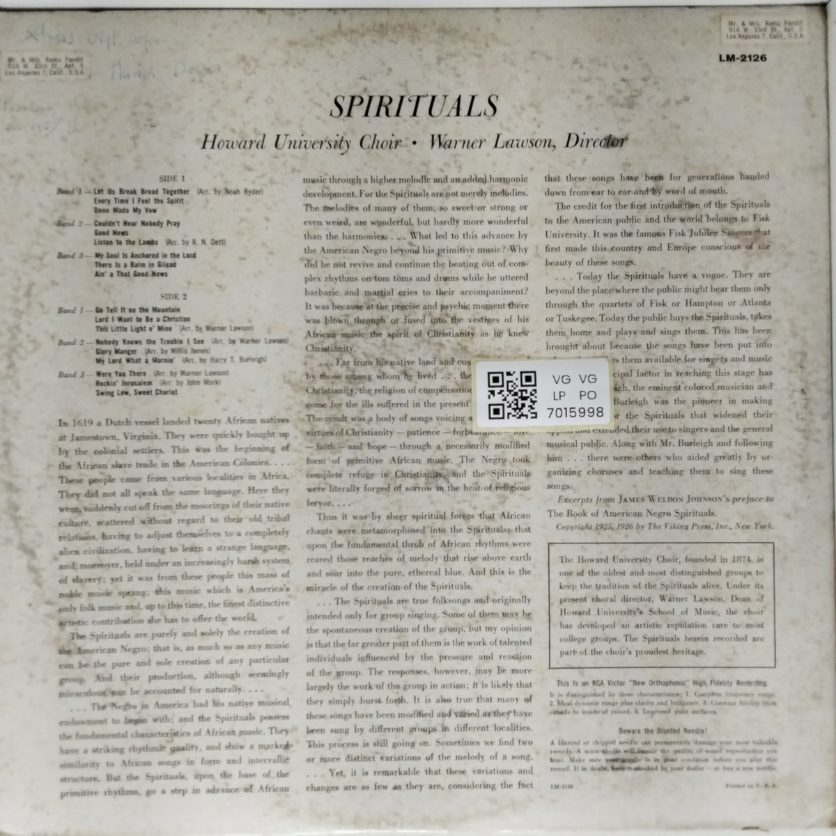 Howard University Choir, Warner Lawson - Spirituals (Vinyl)