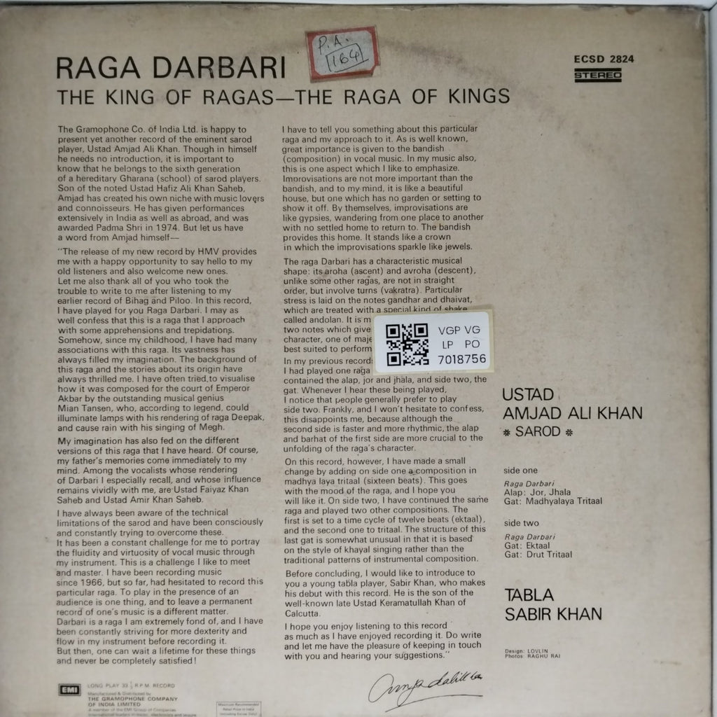 Ustad Amjad Ali Khan - Raga Darbari (Vinyl)
