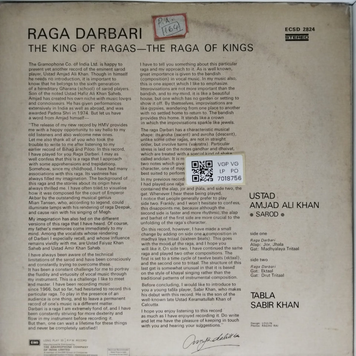 Ustad Amjad Ali Khan - Raga Darbari (Vinyl)