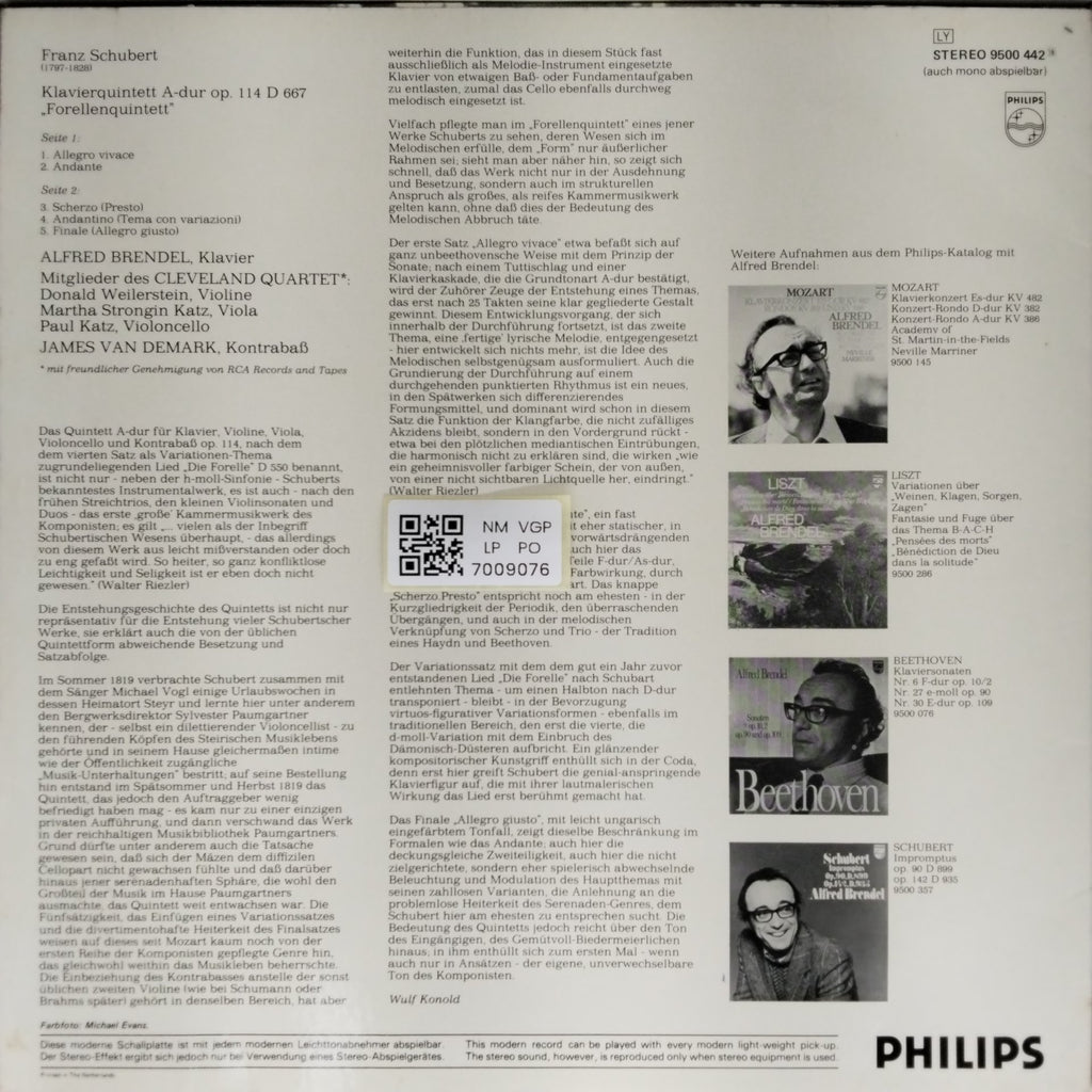 Alfred Brendel, Cleveland Quartet, James Van Demark - Schubert: Forellenquintett Op. 114 (Vinyl)
