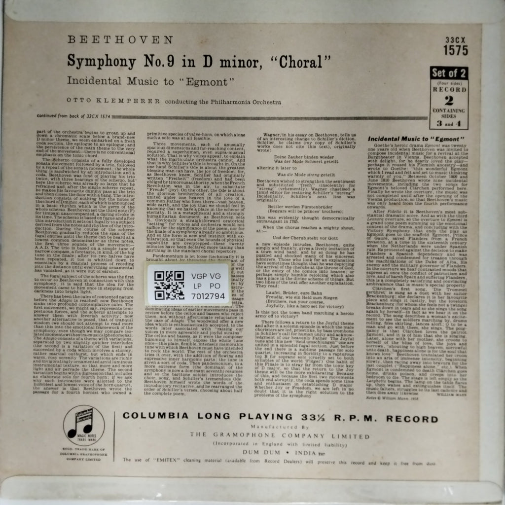 Otto Klemperer, Philharmonia Orchestra - Symphony No.9 in D minor, Choral / Incidental Music to Egmont (Vinyl)