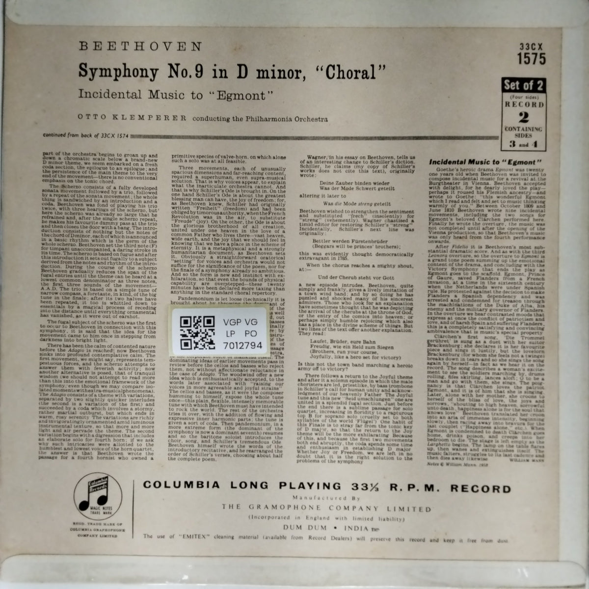 Otto Klemperer, Philharmonia Orchestra - Symphony No.9 in D minor, Choral / Incidental Music to Egmont (Vinyl)