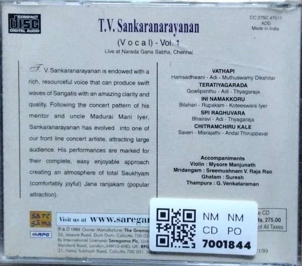 T.V. Sankaranarayanan - Classic Carnatic Concerts - Vol. 1 (CD)