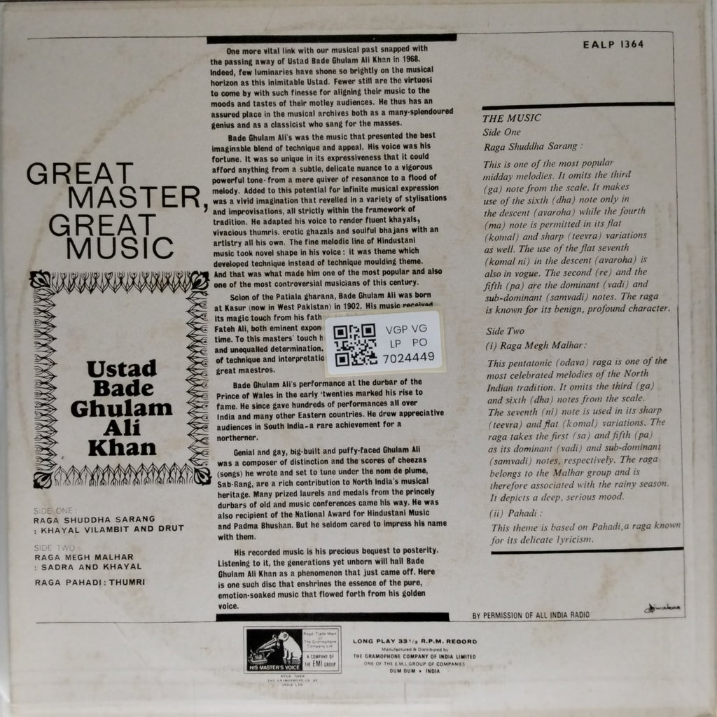 Bade Ghulam Ali Khan - Great Master, Great Music (Vinyl)