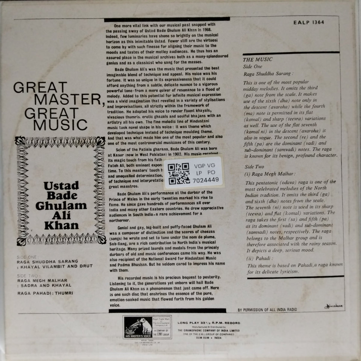 Bade Ghulam Ali Khan - Great Master, Great Music (Vinyl)