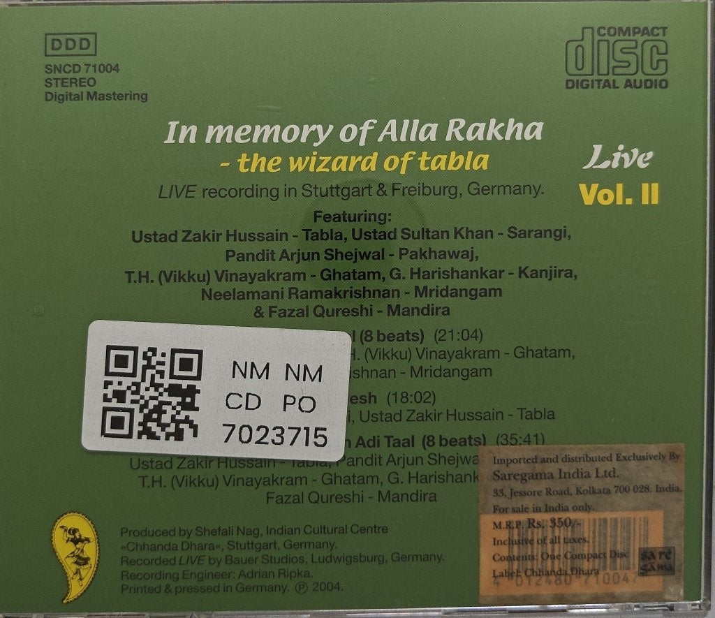 Ustad Zakir Hussain - In Memory of Alla Rakha - The Wizard of Tabla Live Vol. II (CD)