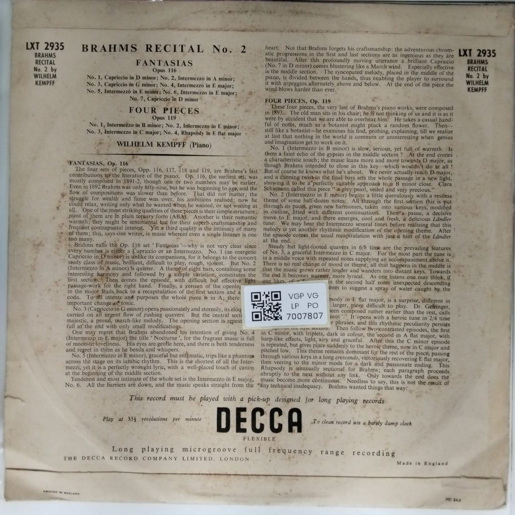 Wilhelm Kempff - Brahms Recital No. 2 (Vinyl)