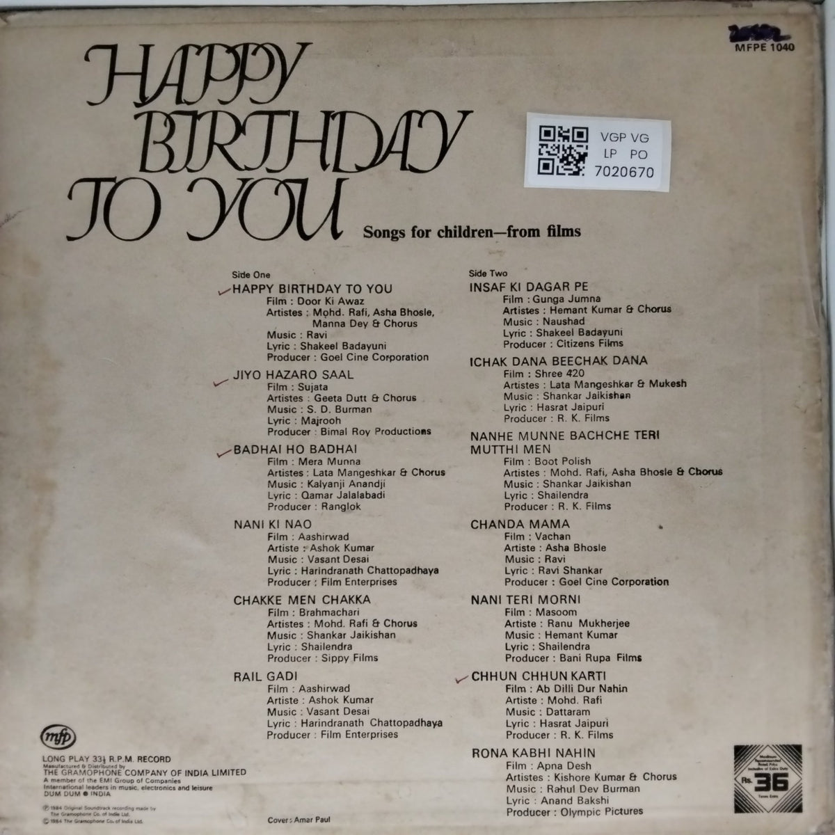 Mohd. Rafi, Asha Bhosle, Manna Dey, Geeta Dutt, Lata Mangeshkar, Hemant Kumar, Mukesh, Kishore Kumar, Sonali, Dattaram - HAPPY BIRTHDAY TO YOU (Vinyl)