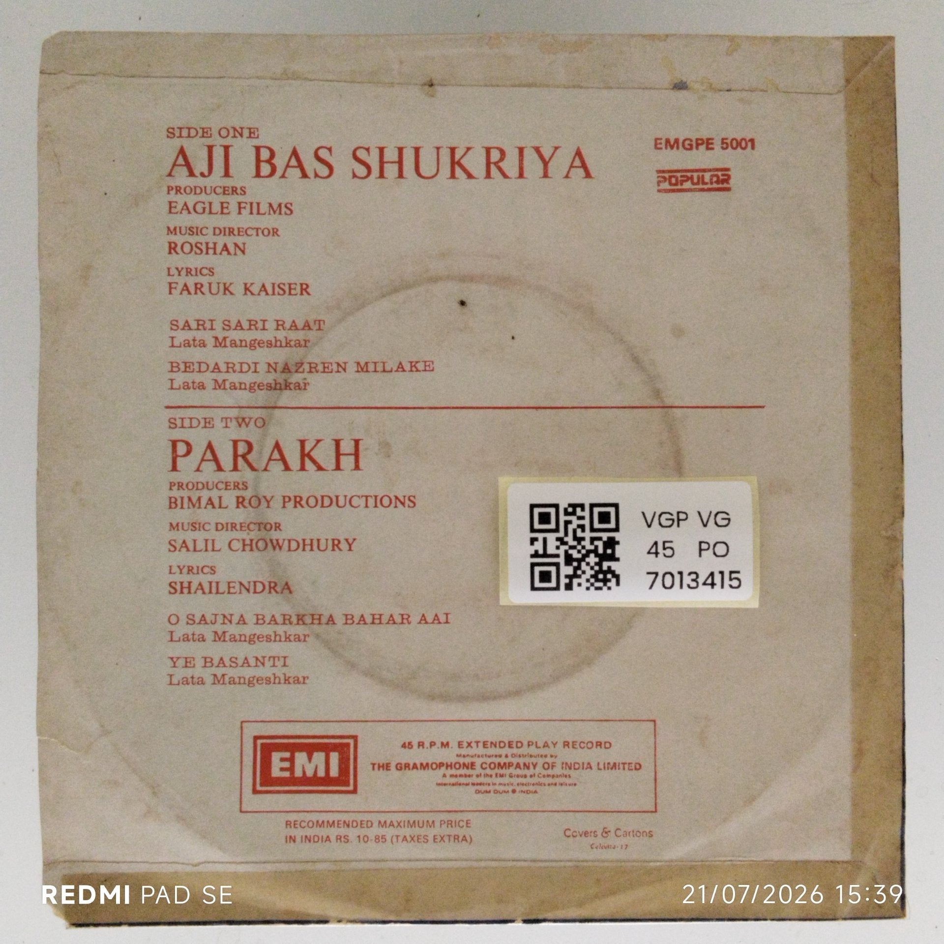 Roshan, Salil Chowdhury - Aji Bas Shukriya / Parakh (45-RPM)