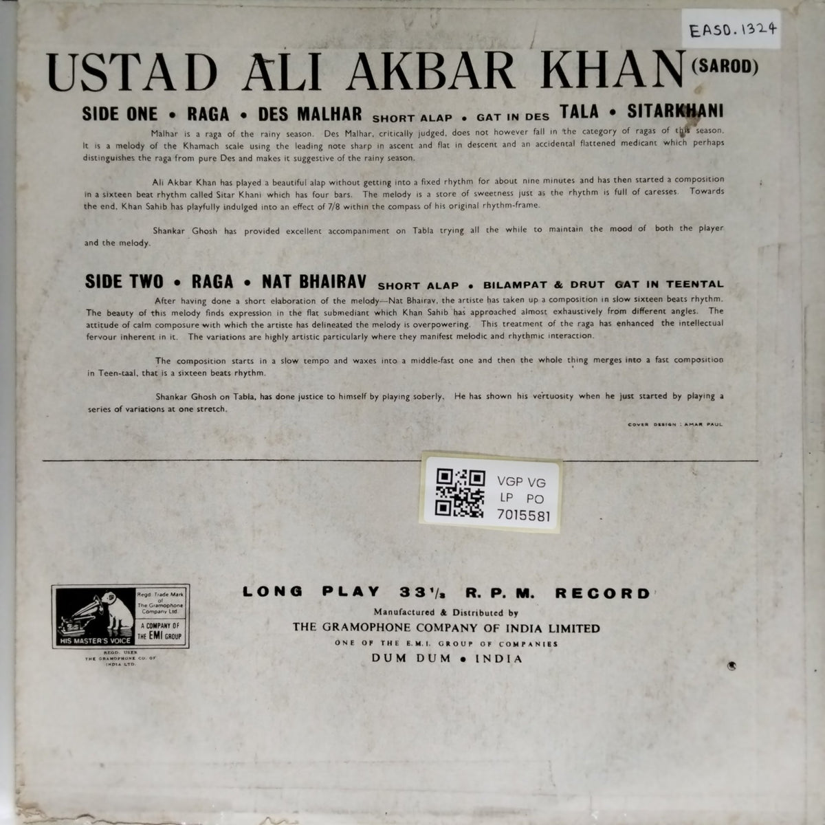 Ustad Ali Akbar Khan - Raga - Des Malhar / Raga - Nat Bhairav (Vinyl)
