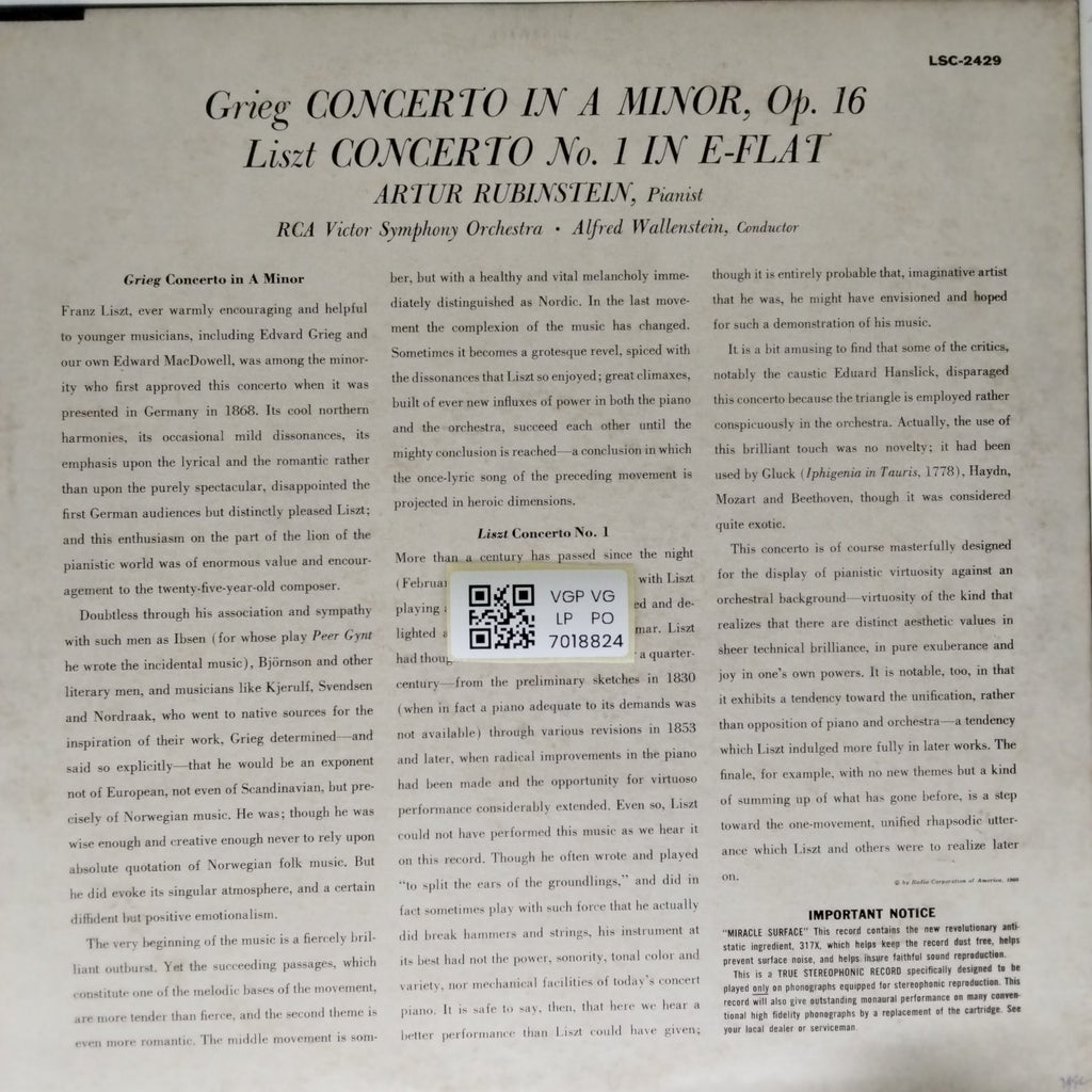 Artur Rubinstein, Alfred Wallenstein - Grieg Concerto in A Minor / Liszt Concerto No. 1 (Vinyl)