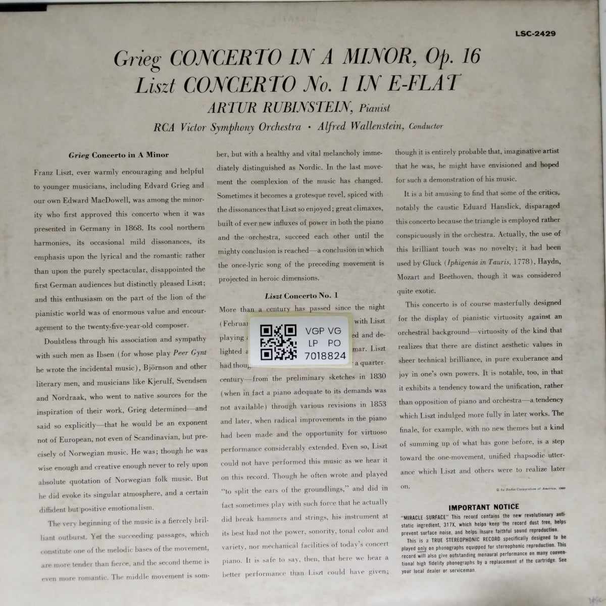 Artur Rubinstein, Alfred Wallenstein - Grieg Concerto in A Minor / Liszt Concerto No. 1 (Vinyl)