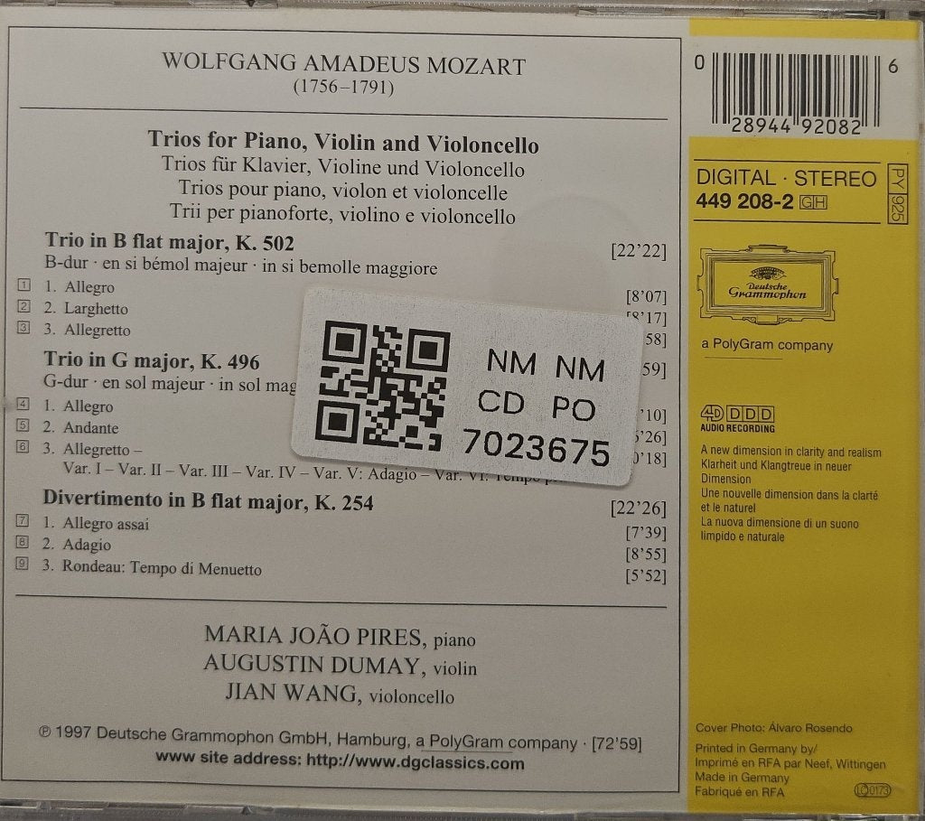 Wolfgang Amadeus Mozart, Maria João Pires, Augustin Dumay, Jian Wang - Piano Trios K. 496 & K. 502 (CD)