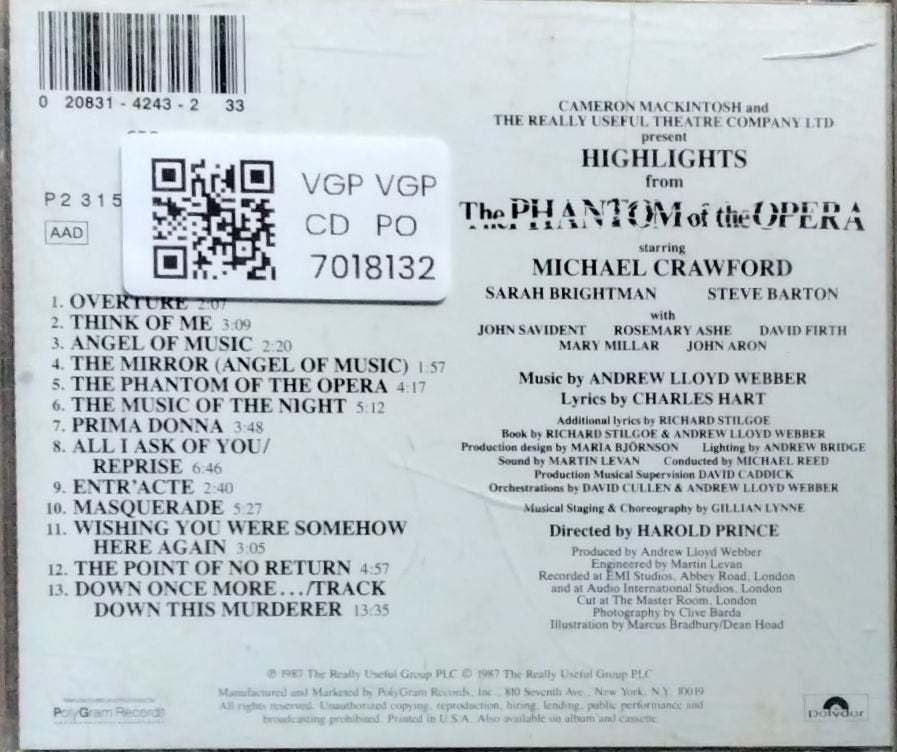 Michael Crawford, Sarah Brightman, Steve Barton - Highlights from The Phantom of the Opera (CD)