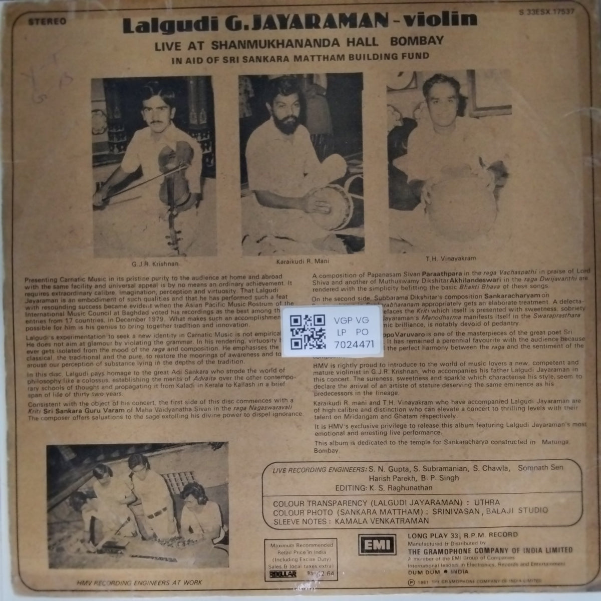 Lalgudi G. Jayaraman, G.J.R. Krishnan, Karaikudi R. Mani, T.H. Vinayakram - Live at Shanmukhananda Hall Bombay (Vinyl)