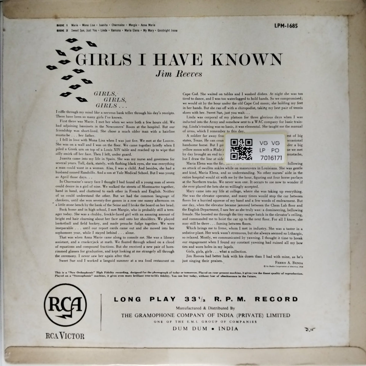 Jim Reeves - Girls I Have Known (Vinyl)