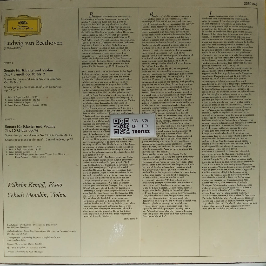 Ludwig van Beethoven, Wilhelm Kempff, Yehudi Menuhin - Violin Sonatas (Vinyl)