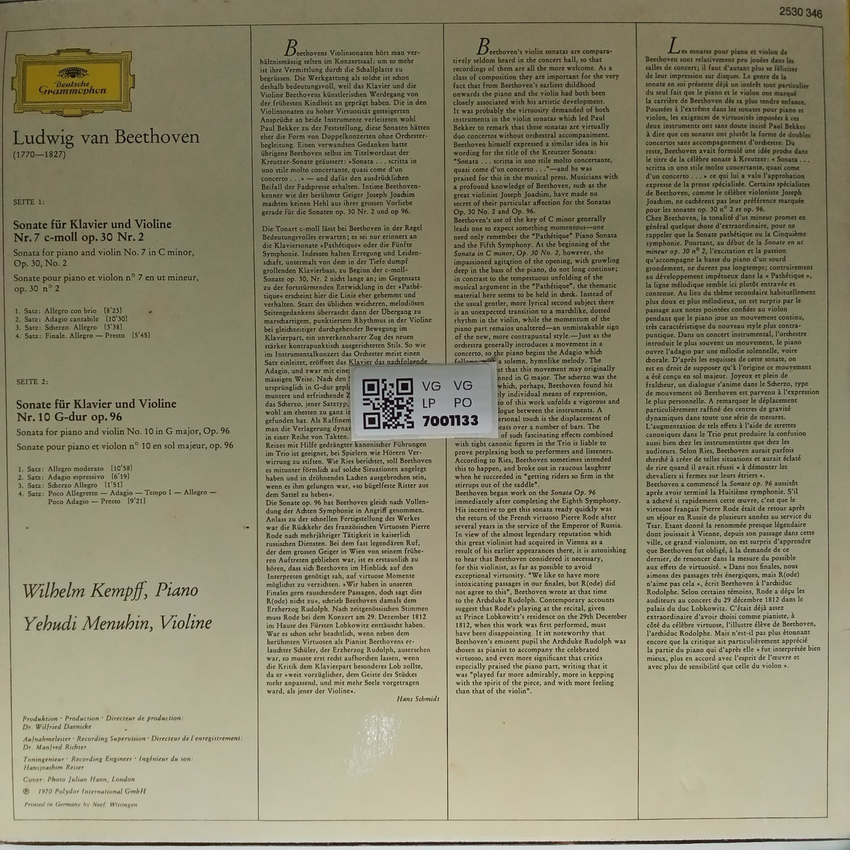 Ludwig van Beethoven, Wilhelm Kempff, Yehudi Menuhin - Violin Sonatas (Vinyl)