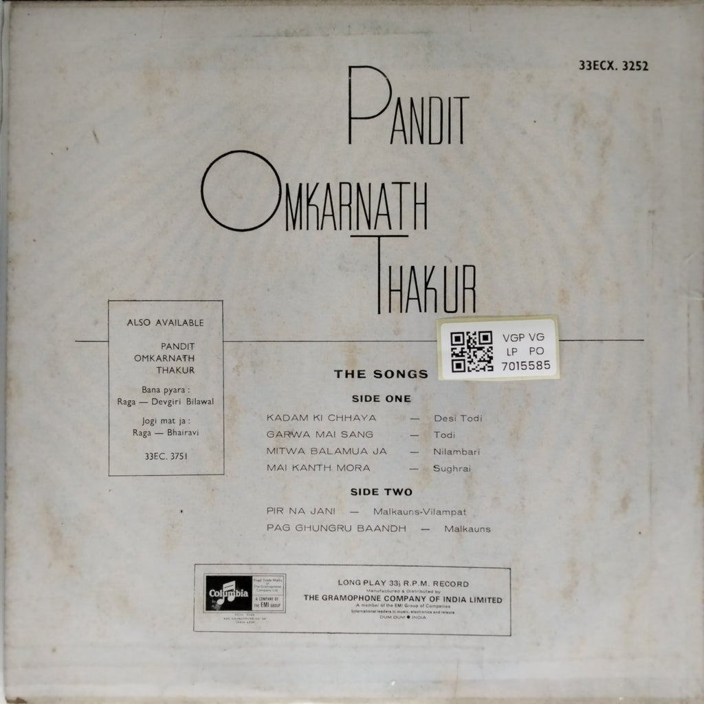 Pandit Omkarnath Thakur - Raga Todi Raga Malkauns (Vinyl)
