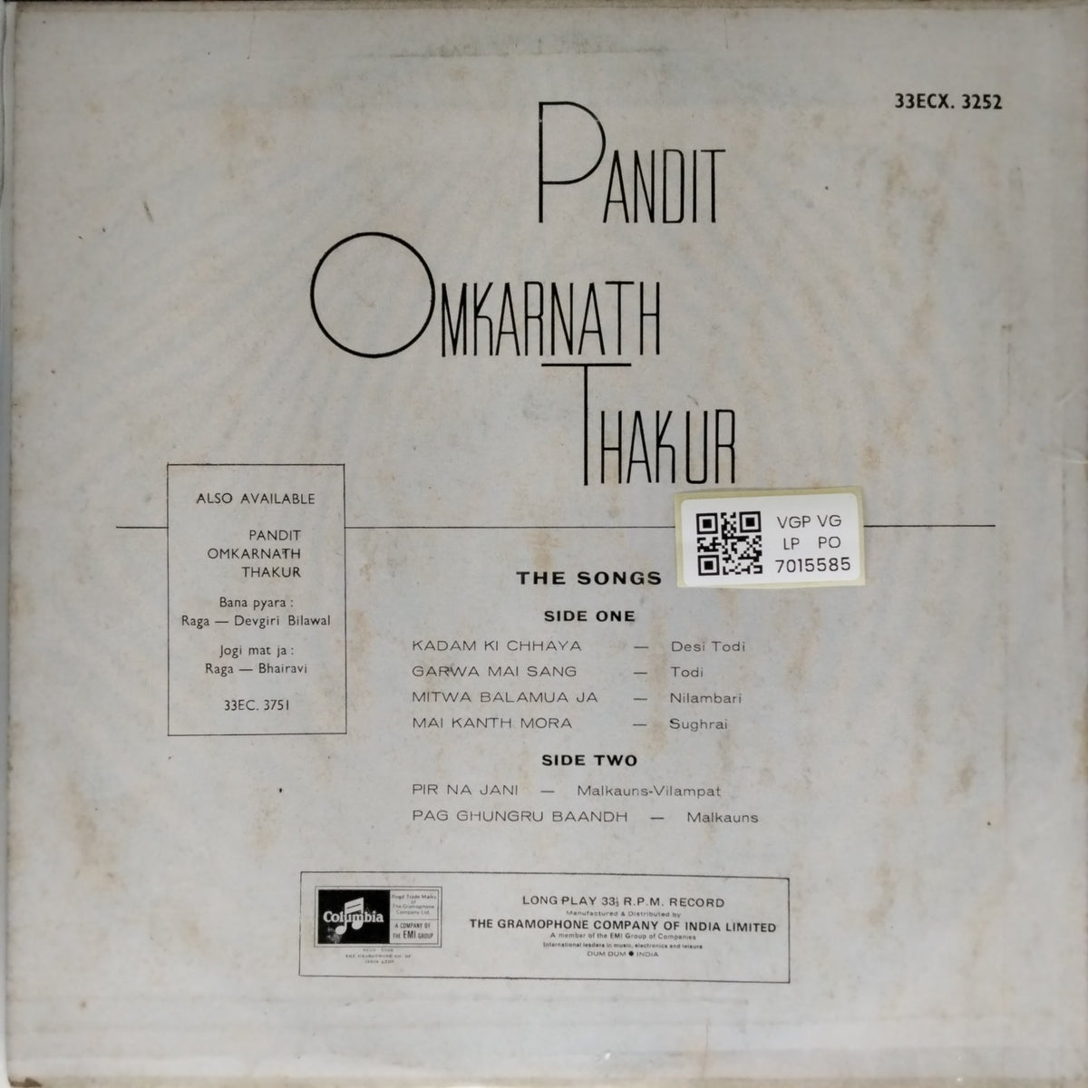 Pandit Omkarnath Thakur - Raga Todi Raga Malkauns (Vinyl)
